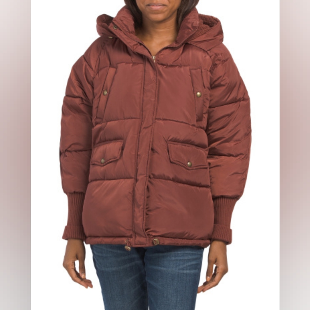SAM EDELMAN Shirt Knit Trim Puffer Coat, Hooded, Large, Barn Red,NWT